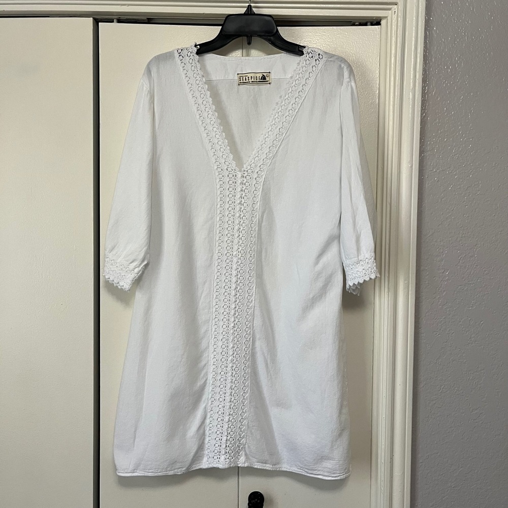 SEASPICE Resort Wear White Cotton Lace Trim V‎ Neck Tunic Dress Cover Up Size L